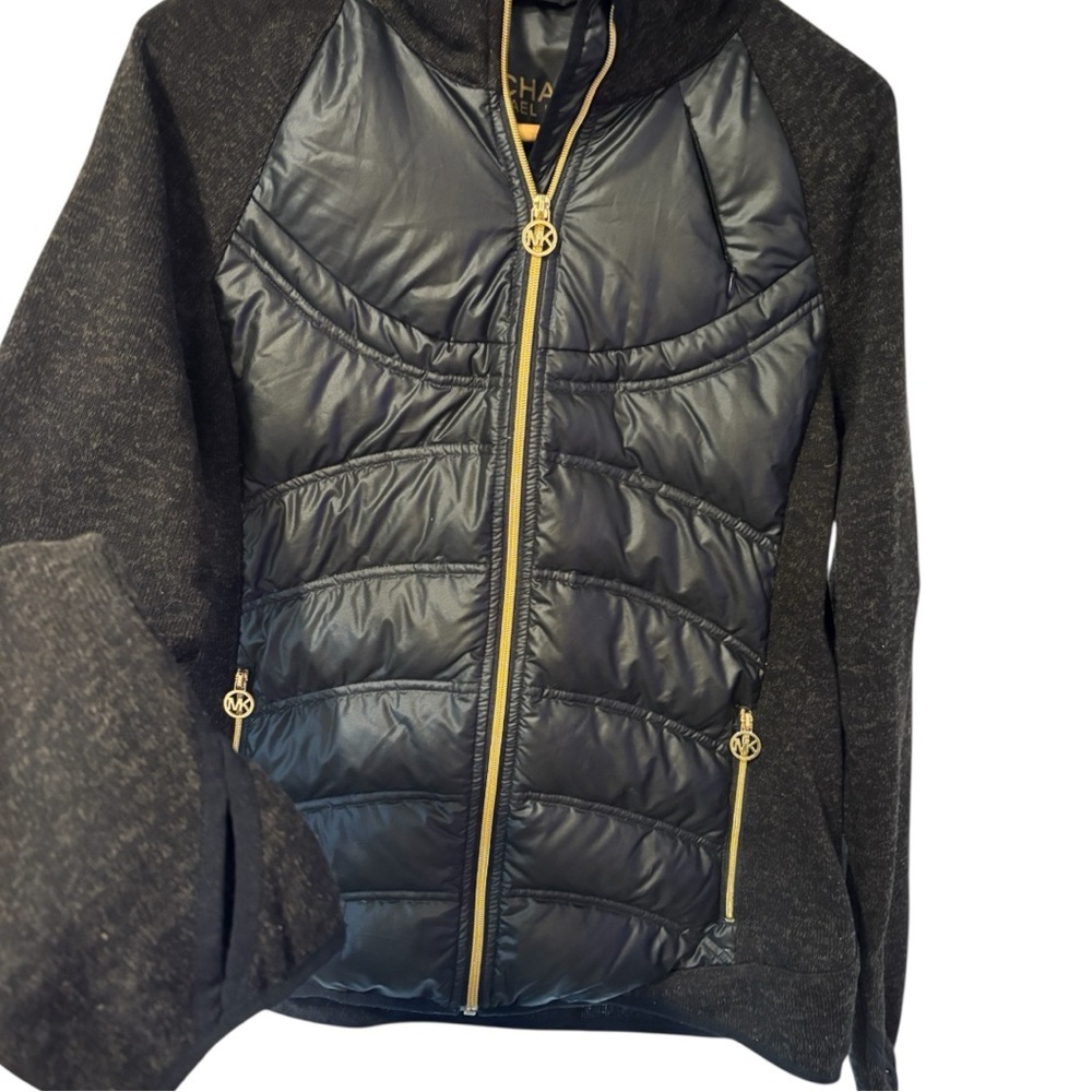 Michael Kors Black brown Hi low down Puffer Jacket with Gold MK Accents - Picture 5 of 16